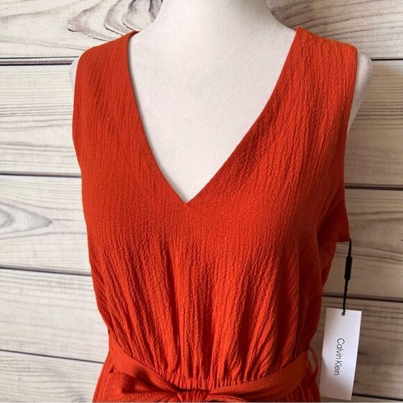 Calvin Klein Rust Orange-Red V Neck Sleeveless Ruffle Flare Dress - Picture 4 of 9